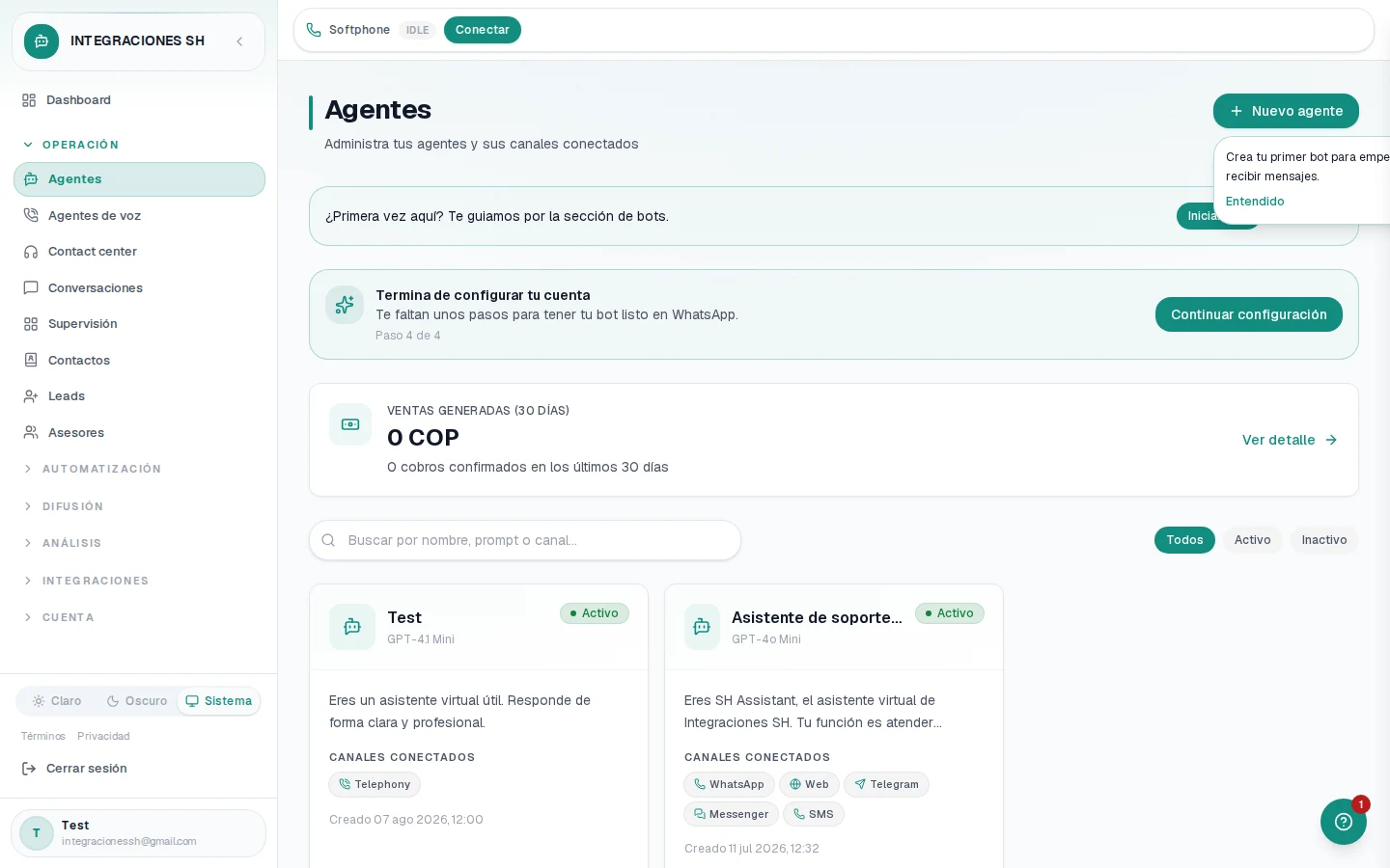 Configuración de agente de IA en Integraciones SH con prompt, modelo y canales