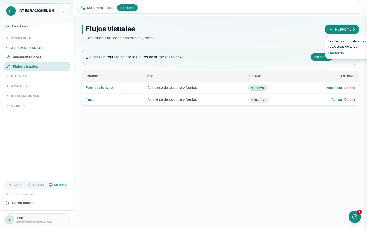Constructor visual de flujos no-code en Integraciones SH