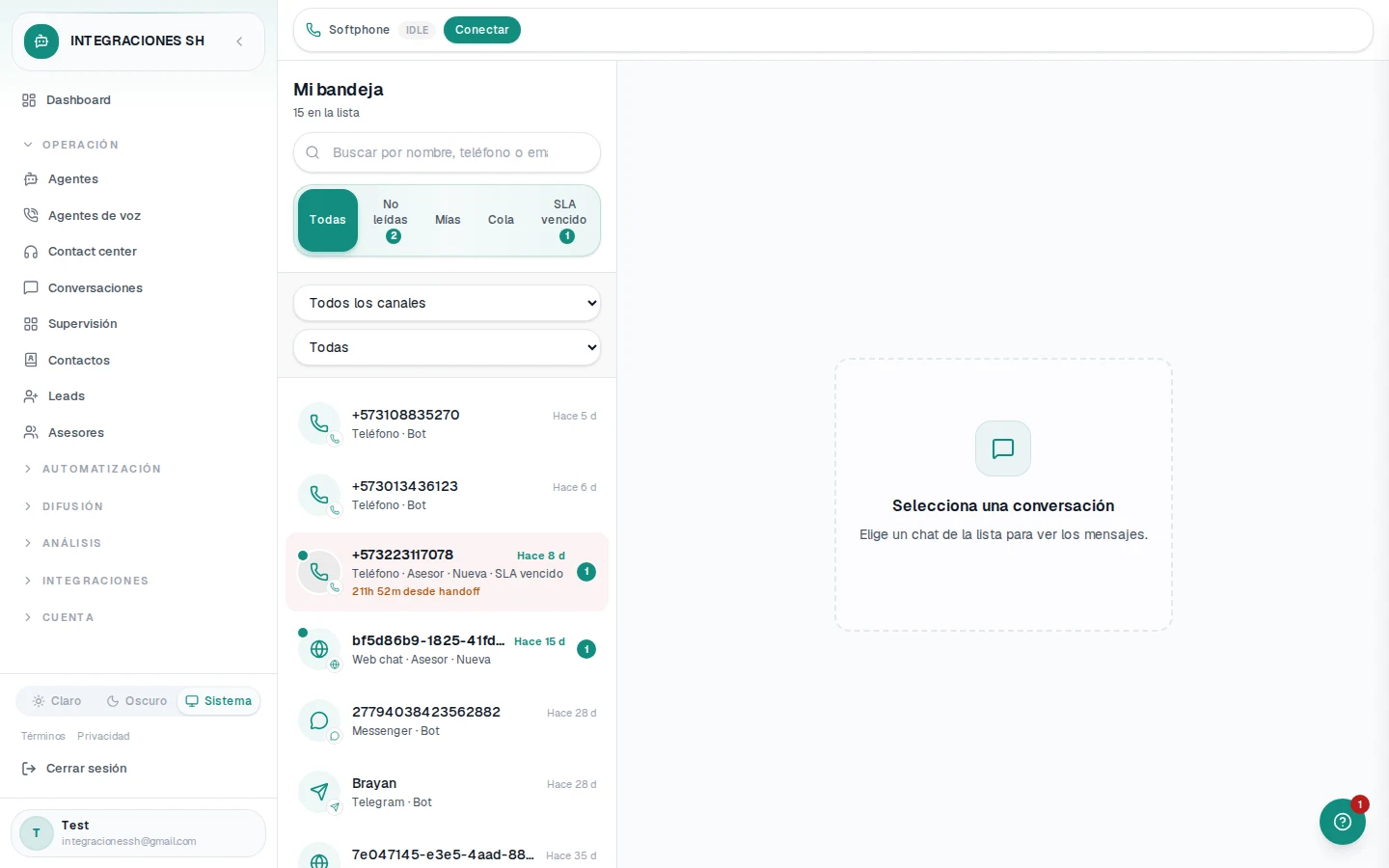 Bandeja de conversaciones de Integraciones SH con historial multicanal y panel de mensajes