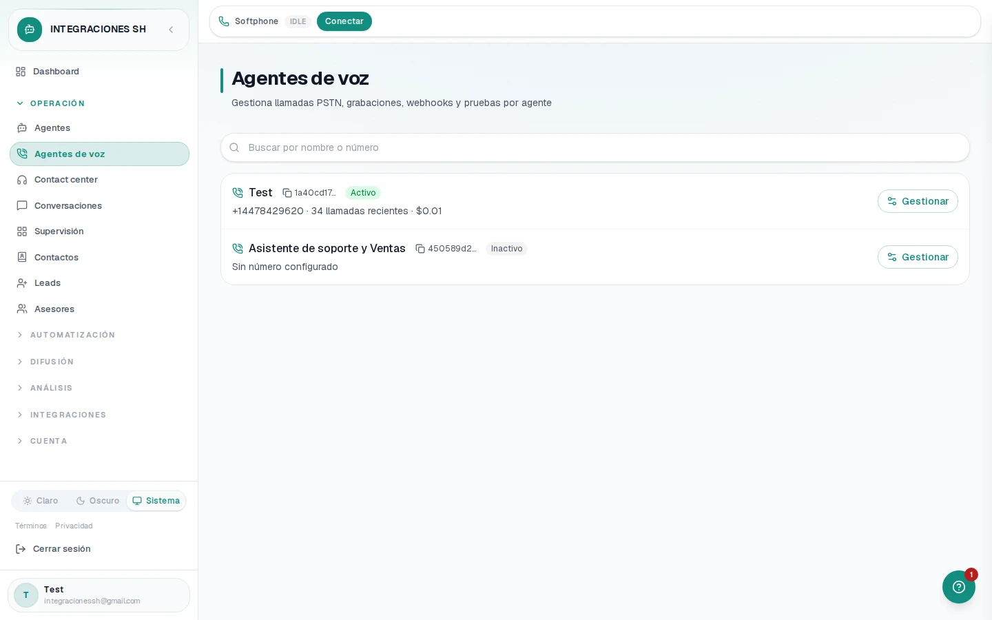 Configuración de agente de voz PSTN en Integraciones SH