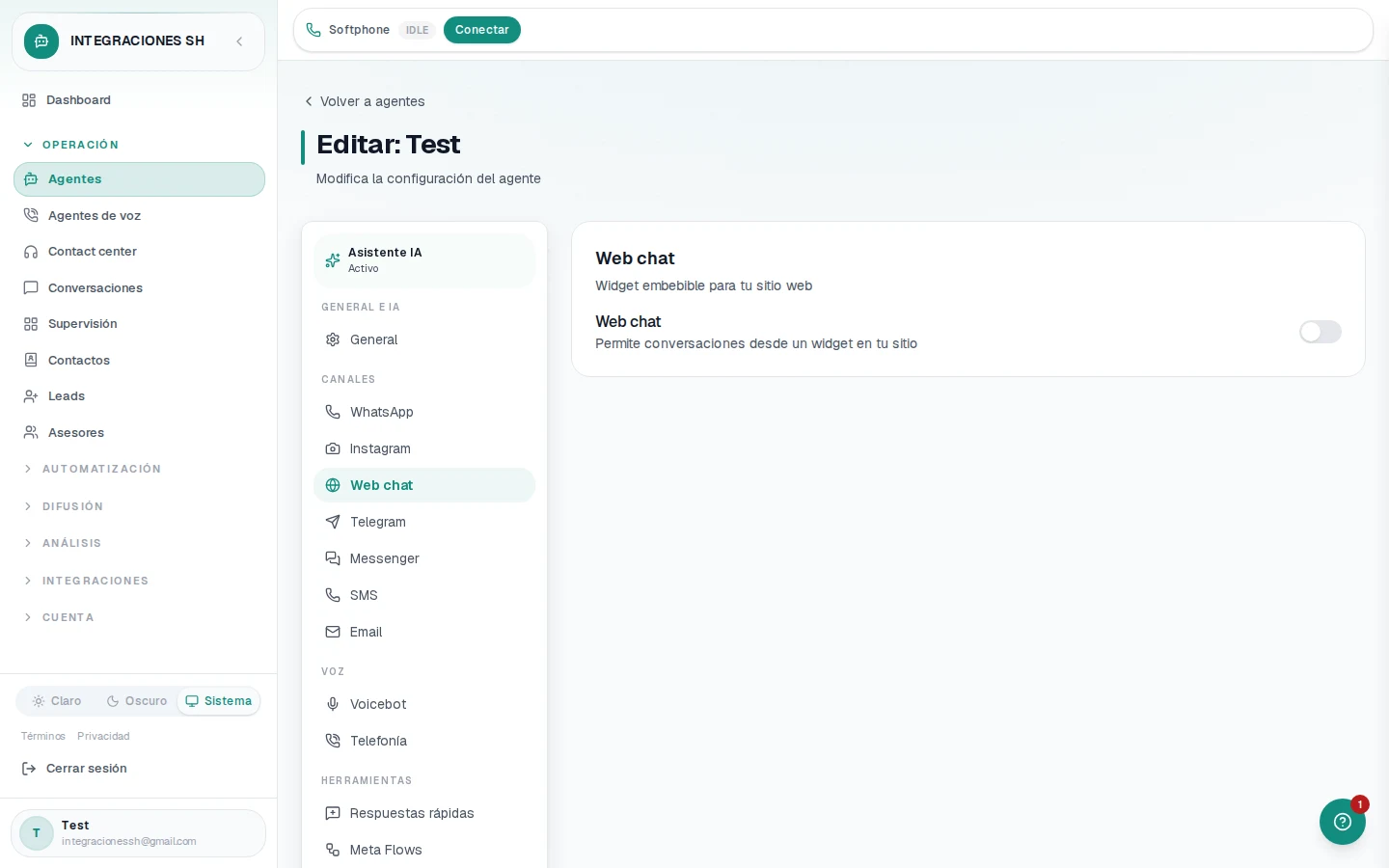 Widget de chat web de Integraciones SH embebido en un sitio con conversación activa